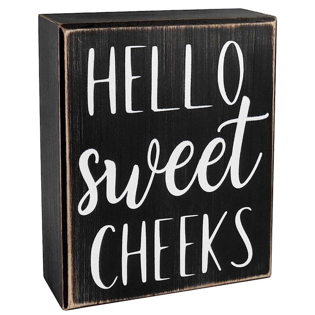 Pigort Hello Sweet Cheeks Sign - Bathroom Decor Modern Farmhouse Home Accent - Rustic Black Wood Shelf Plaque Box Sign for Women, Family, Friend 5X6X1.8 INCH