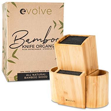 Evolve Bamboo Knife Block - Universal Kitchen Knife Holder - Safe & Space Saver Knife Storage that Covers Knife Blades Up To 10” & Holds Up To 20 Knives with Machine Washable & BPA Free Flex Rods