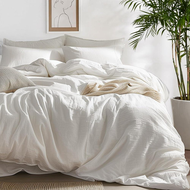 Bedsure 100% Washed Cotton Duvet Cover Cal King - Natural White Minimalist Cotton Duvet Cover Linen Like - 3 Pieces Plain Simple Duvet Cover Set with 2 Pillow Shams (White, California King, 104"x98")