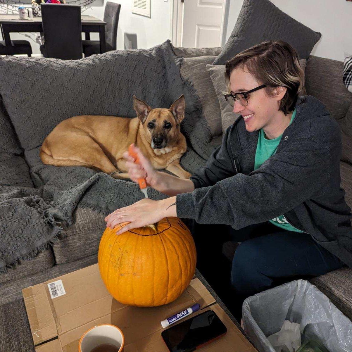Carving pumpkins to celebrate Dalton’s favorite holiday, October, 2023