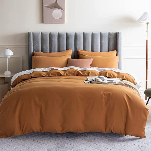 JELLYMONI Rust 100% Washed Cotton Duvet Cover Set, 3 Pieces Luxury Soft Bedding Set with Zipper Closure. Solid Color Pattern Duvet Cover Queen Size (No Comforter)