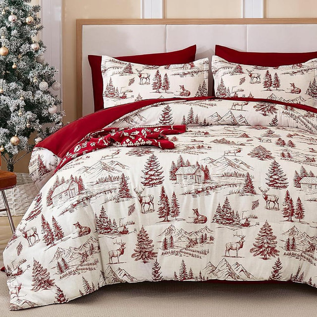 Yiran Red Christmas Duvet Cover Set King, Xmas Cabin Woods Reindeer Patterns Holiday Bedding Set, Includes 1 Duvet Cover and 2 Pillowcases