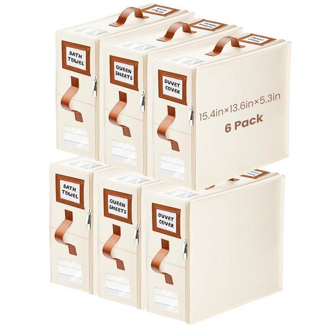 6 Pack Sheet Storage Organizer (King & Queen Size), Foldable Bed Sheets Set Organizers and Storage Organizers with Window, Folding Bedding Storage Organizer for Bedsheets, Blankets and Towel (Beige)