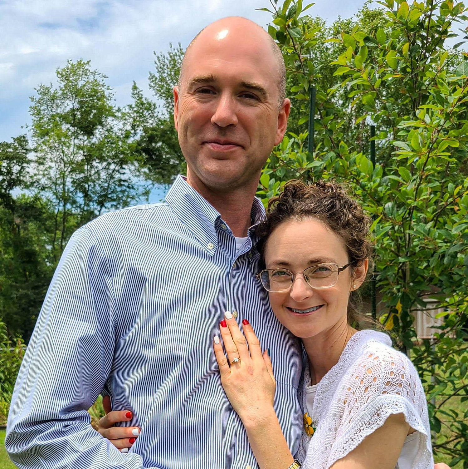 Bonny's mom took this photo in her backyard the afternoon of July 7, 2024, after Patrick proposed that morning.