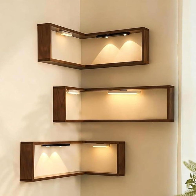 Smart Corner Shelves That Light up Your Space, Set of 3 Corner Floating Storage Shelves,Wooden Wall-Mounted Corner Shelf Display Rack, Space-Saving (Set of 3(LED Light not Included))