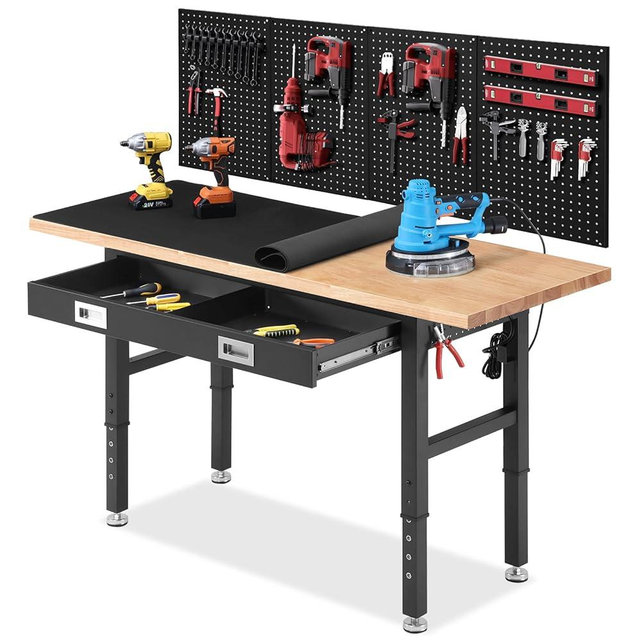 ENJOYWOOD Work Bench with Drawers Adjustable Workbenches for Garage 60 Inch Rubber Wood Top Garage Workbench with Pegboard,Power Outlets for Woodworking, Home, Office, Workshop