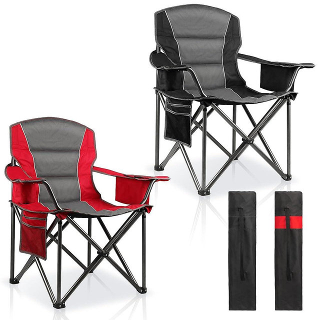 LANMOUNTAIN 2 Pack Padded Oversized Camping Chairs for Adults,Heavy Duty Support 400 Lbs,Folding Portable Lawn Chair w/Cup Holder,Cooler Bag,Side Pocket,Perfect for Outdoor Picnic,Hiking(Red&Black)