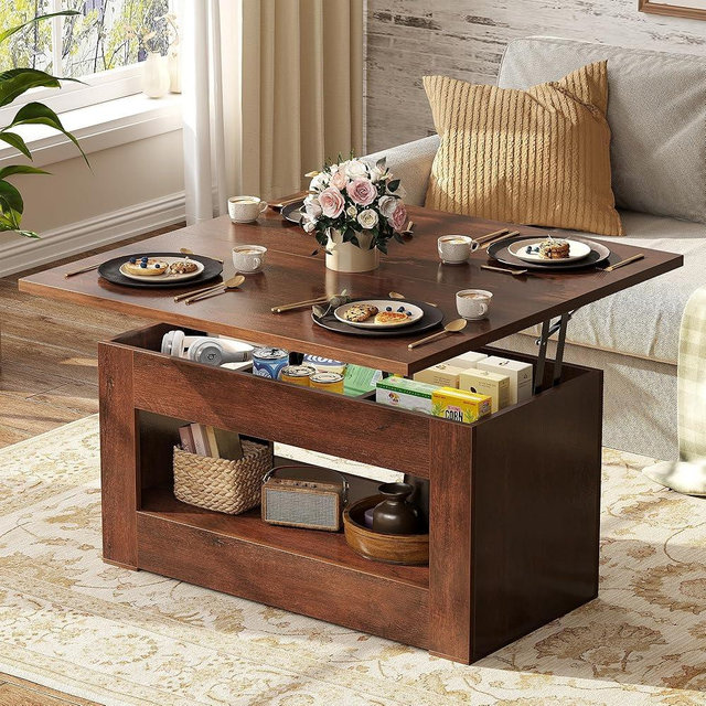 UNIQUITE 40" Lift Top Coffee Table, 4 in 1 Multi-Function Lift Coffee Table with Storage and Hidden Compartment, Convertible Coffee Tables to Dining Table for Living Room, Walnut