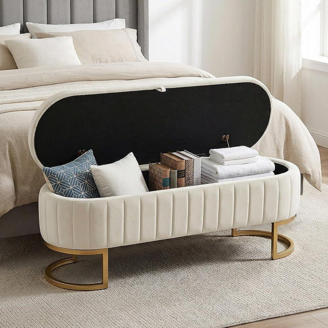 VIROL 65 Inch Storage Ottoman Bench Velvet End of Bed Storage Bench King Size Upholstered Tufted Bench Large Space for Bedroom Living Room Entryway Beige