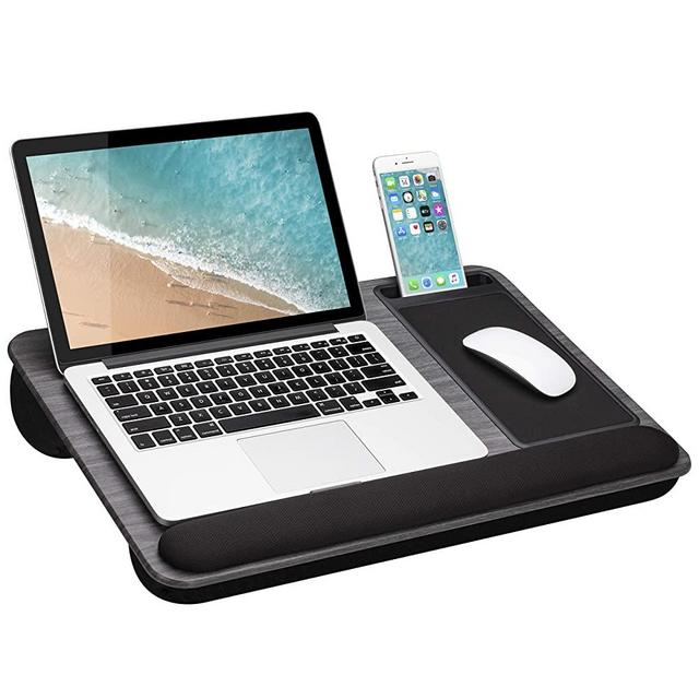 LapGear Home Office Pro Lap Desk with Wrist Rest, Mouse Pad, and Phone Holder - Fits Up to 15.6 Inch Laptops - Gray Woodgrain - Style No. 91595