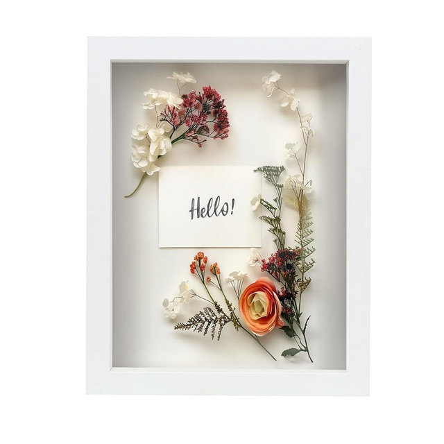 FrameWorks 8” x 10” White Wooden Shadow Box Frame – Display Case with Soft Felt Back, Memory Box with Tempered Glass, Display Box with Elegant White Ball Push Pins, Wooden Flower Box