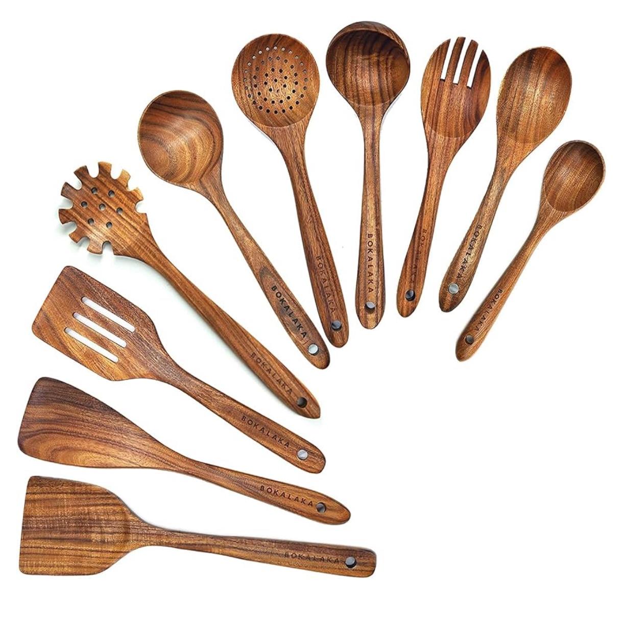 Wooden Spoons for Cooking,10 Pcs Natural Teak Wooden Kitchen Utensils Set Wooden Utensils for Cooking Wooden Cooking Utensils Wooden Spatulas for Cooking