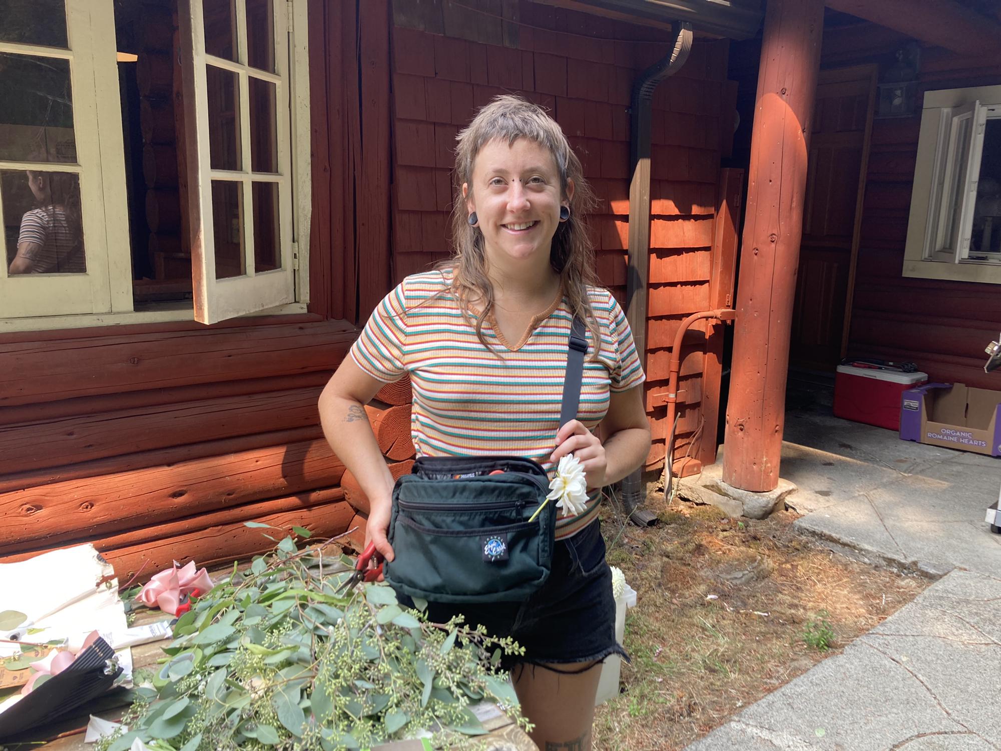 Kayte repurposing her Grandpa Ray’s old fishing pack as a florist tool bag