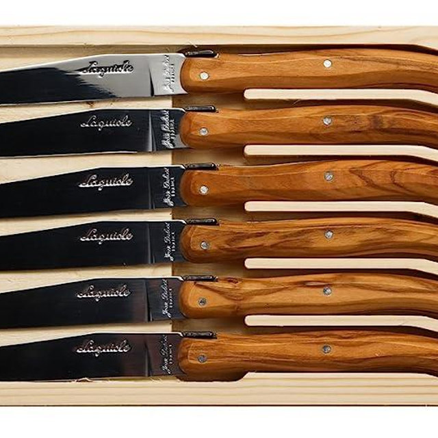 Jean Dubost 6 Steak Knives with Rustic Range Olive Wood Handles in a Box, MADE IN FRANCE