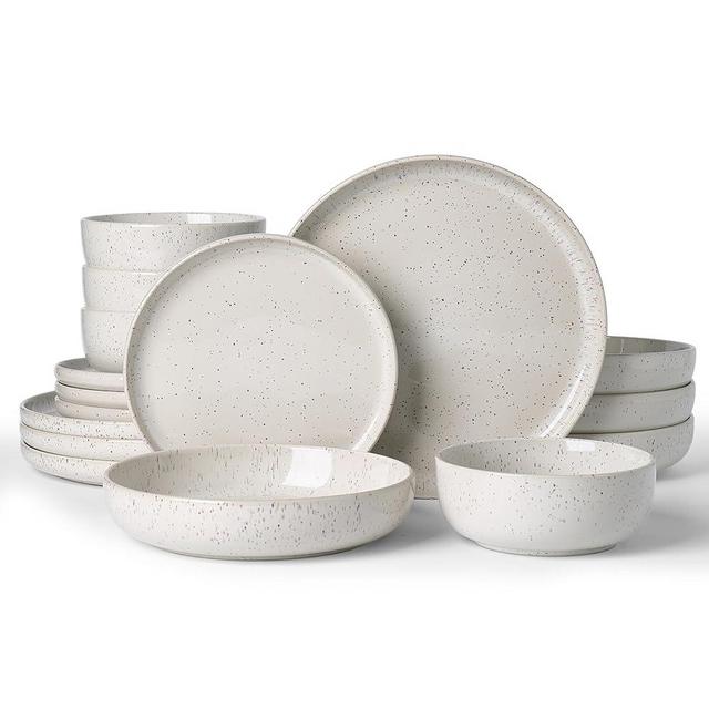 Famiware Meteor Stoneware Dinnerware Sets with Pasta Bowls, Service for 4 (16 Pieces), Plates and Bowls Sets, Microwave and Dishwasher Safe Dishes Set, Creamy White