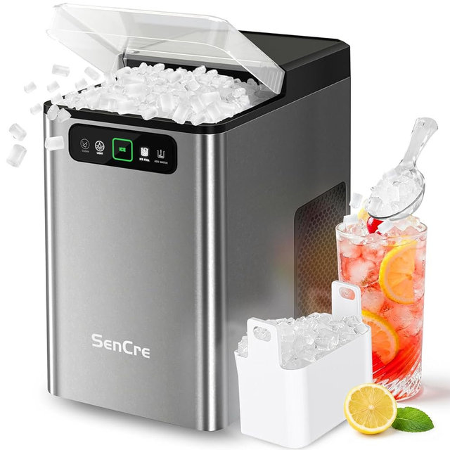 SenCre Nugget Ice Maker Countertop 40Lbs/24H Soft Chewable Ice Machine Pellet Crushed Ice Makers, One-Click Operation Auto Self-Cleaning Stainless Steel with Scoop for Home Kitchen Office, Grey