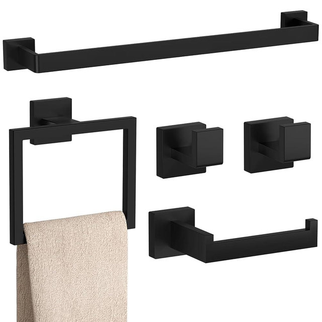 5-Pieces Matte Black Bathroom Accessories Set, 23.6 Inch Bath Towel Bar Set, SUS 304 Stainless Steel Bathroom Hardware Set, Towel Racks for Bathroom Wall Mounted.
