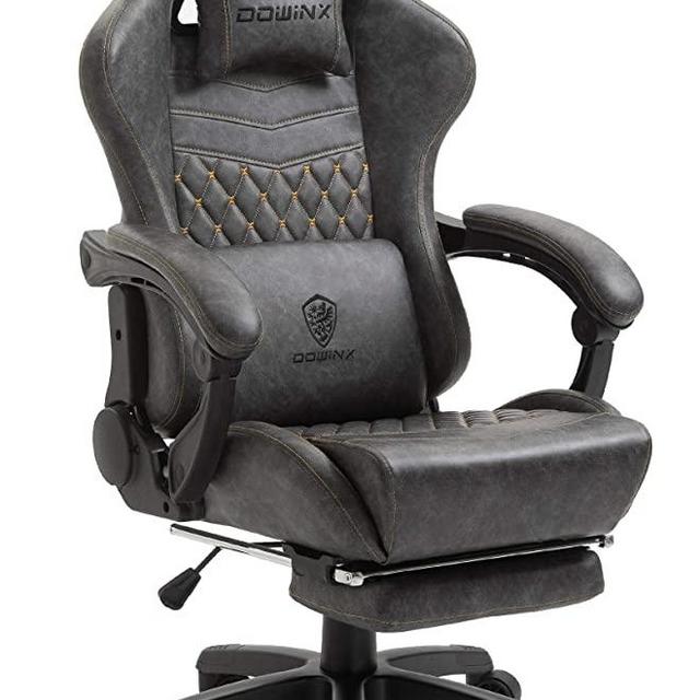 Dowinx Gaming Chair Office Chair PC Chair with Massage Lumbar Support, Vintage Style PU Leather High Back Adjustable Swivel Task Chair with Footrest (Light Grey)