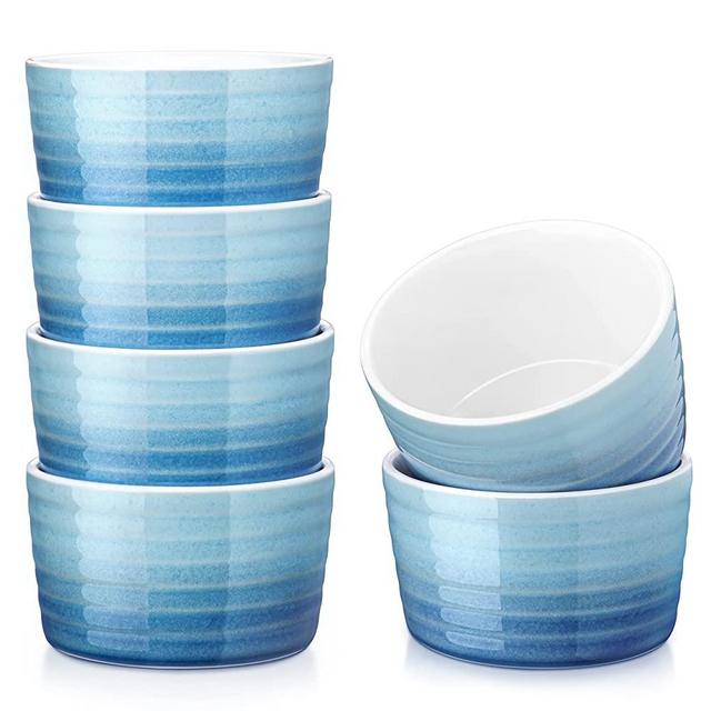 Ramekins 10 oz Set of 6, MALACASA Porcelain Creme Brulee Ramekins Oven Safe, Ceramic Souffle Dish Ramekin Cups Round Individual Baking Dish for Pudding Dipping Sauce Cooking, Gradient Blue