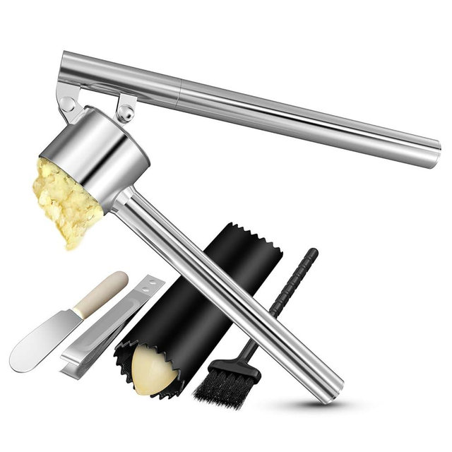 5-in-1 Stainless Steel Garlic Press Set with Large Chamber & Mincer - Heavy Duty Rustproof Garlic Crusher with Ergonomic Handle, Dishwasher Safe, Easy Squeeze Design for Ginger, Nuts, Herbs (Large)