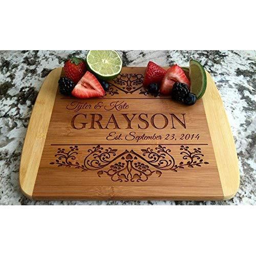 Personalized Cutting Board for Wedding Gifts - Wood Cutting Boards, Also Bridal Shower and Housewarming Gifts (8.5 x 11 Two Tone Bamboo with Curved Edges, Grayson Design)