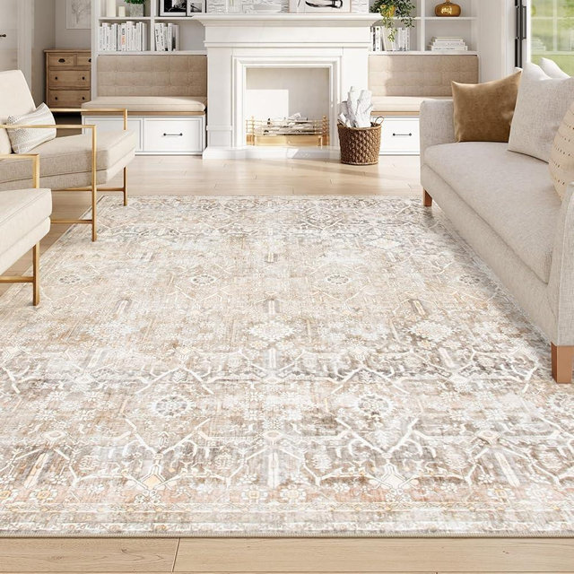 Collive Washable Area Rug 8x10, Neutral Boho Rugs for Living Room Rugs 8x10 Non Slip Farmhouse Modern Bedroom Carpet Stain Resistant Aesthetic Print Accent Floor Mat for Dining Guest Office - Beige