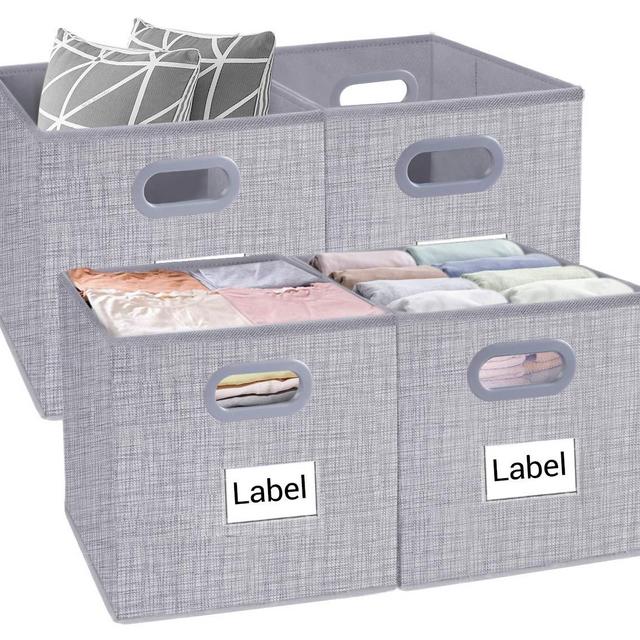 Homyfort Cube Storage Bins, Foldable Cloth Box Basket Organizer Container Drawers with Dual Plastic Handles for Closet, Bedroom, Toys,Set of 4 Light Grey 13&quot;x13&quot;x13&quot;