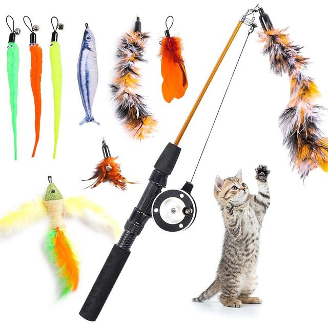 APSUAE 9 PCS Cat Fishing Pole Toy, Retractable Cat Feather Toys with Cat Wand Plush Fish Worm Feathers with Bells Catnip Interactive Cat Teaser Toys for Kitten Cat