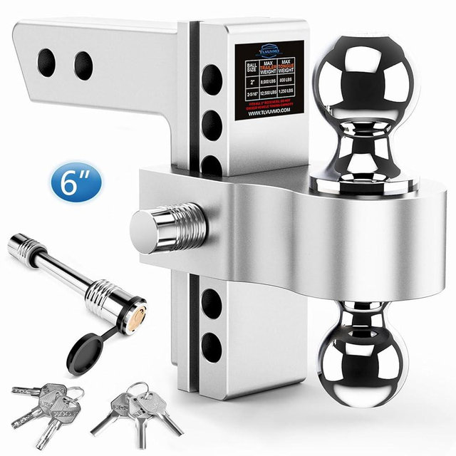 Tlvuvmo Adjustable Trailer Hitch, 6 Inch Drop Hitch Ball Mount (Fits 2-Inch Receiver), 12,500 LBS GTW, (2" & 2-5/16") Chrome Plated Steels Balls, Aluminum Tow Hitches with Two Anti-Theft Pins Locks