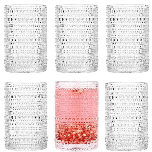 Dingerjar Hobnail Drinking Glasses set of 6（13 oz） Hobnail Water KItchen Glassware, Embossed Vintage Juice Glasses Tall Bar Drinkware