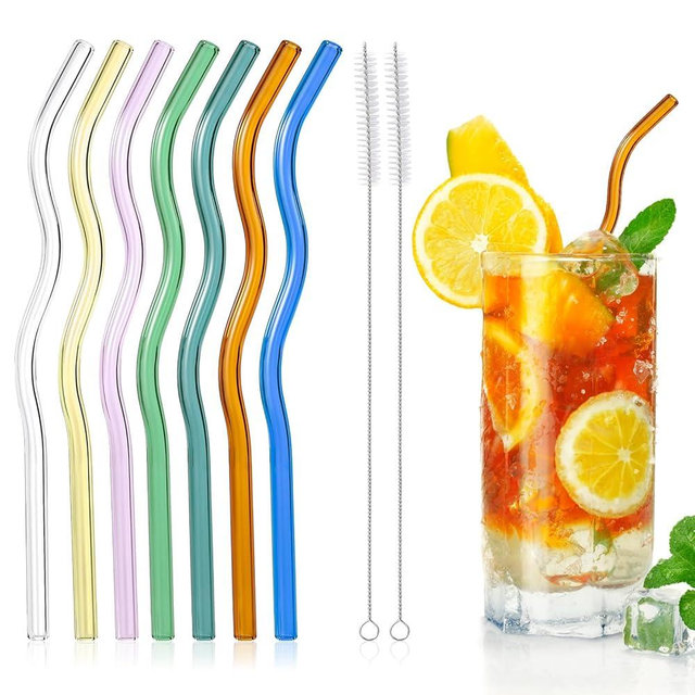 7Pcs Reusable Colorful Wavy Glass Straws - 8.5"x8mm Shatter Resistant Glass Straw with 2 Clening Brushes, Suitable for Ice/Hot Beverages,Coffee,Milk,Tea,Cocktail, Juice