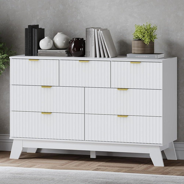 BORNOON Fluted 7 Drawer Dresser, 47.2" Wide Modern Boho Chest of Drawers, Wooden Storage Dresser TV Stand for Bedroom, Living Room, Closet, Hallway, Curved Profile Design