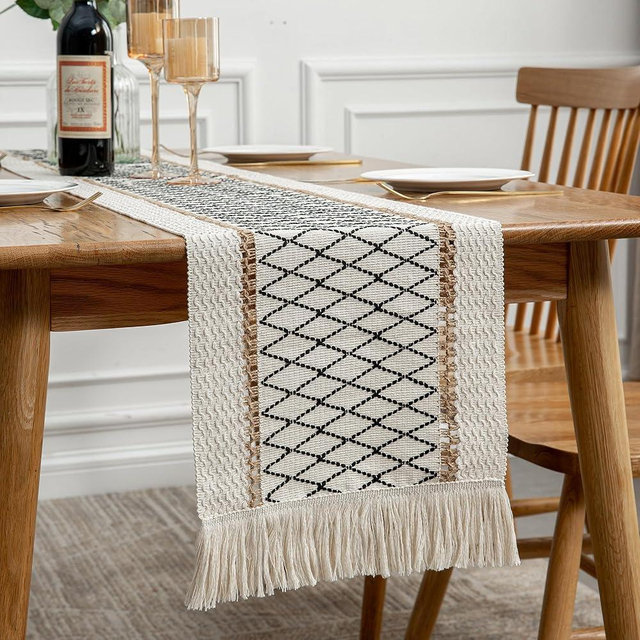 Mayler Yee Table Runner Linear End, Boho Style with Tassels, Cotton & Linen, Farmhouse Home Decor for Living Room Dresser Scarfs (12x90Inch, Black & Beige)