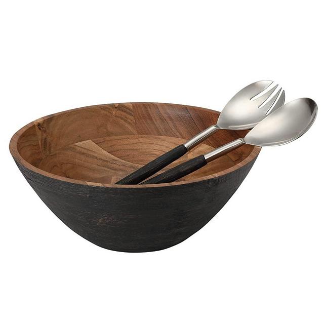 Folkulture Salad Bowl with Matching Salad Tongs, Salad Bowl or Wooden Bowls for Mixing, 12" D x 5" H, Acacia Wood, Wooden Salad Bowl Wedding Registry Items, Black Matte