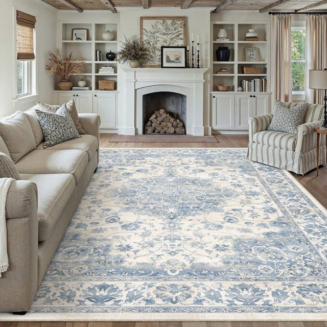 PureCozy Washable 8x10 Area Rug for Living Room Blue Vintage Large Rug Non-Slip Soft Low Pile Carpet Floral Stain Resistant Indoor Office Throw Rug for Bedroom Dining Room Nursery