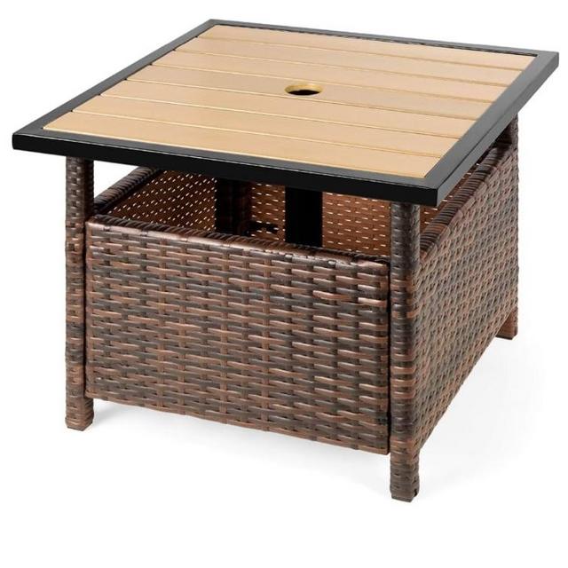 Best Choice Products Wicker Side Table with Umbrella Hole, Square PE Rattan Outdoor End Table for Patio, Garden, Poolside, Deck w/UV-Resistant Frame, Storage Space - Brown