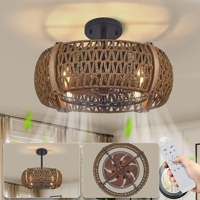 SADENICEL Farmhouse Caged Ceiling Fan with Lights Remote Control, 17 Inch Low Profile Bedroom Ceiling Fans, Rustic Ceiling Fans for Kitchen, Bedroom, Dining Room (Antique Wood-EB)