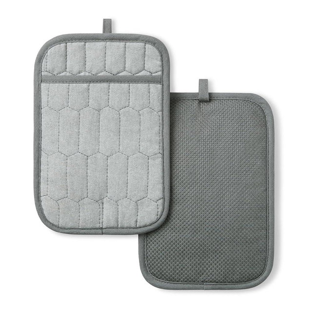 MARTHA STEWART Honeycomb Quilted Chambray Pot Holder 2-Pack Set, 100% Cotton, Flexible Non-Slip Silicone Grip, Heat Resistant, Grey, 7"X10"