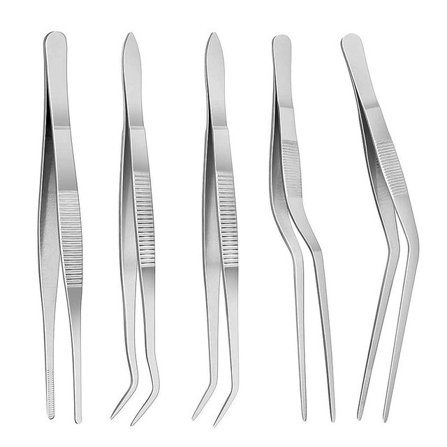 5pc Cooking Tweezers Precision Kitchen Plating Tweezer Stainless Steel Curved Tongs for Baking Decorating Beauty