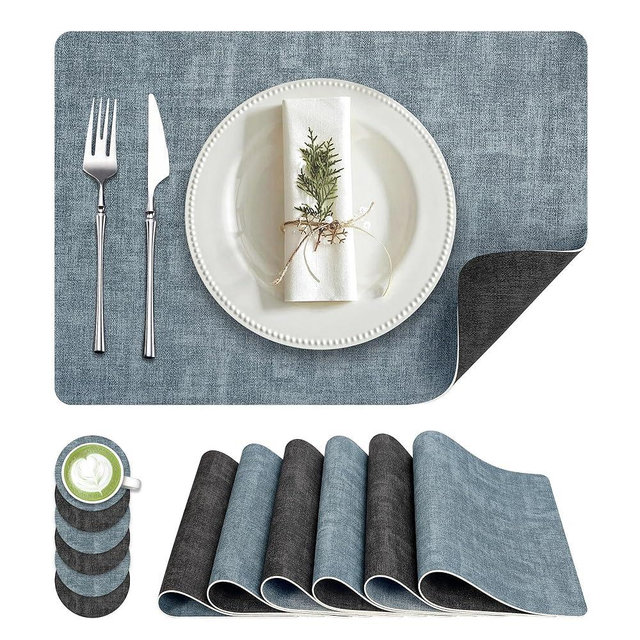 Fyvva Placemats Set of 6, Faux Leather Heat Resistant Wipeable Placemats, Dual Sided Waterproof Washable Table Mats with Coaster, Suitable for Kitchen, Dining, Table Decor (6, Black Light Blue)
