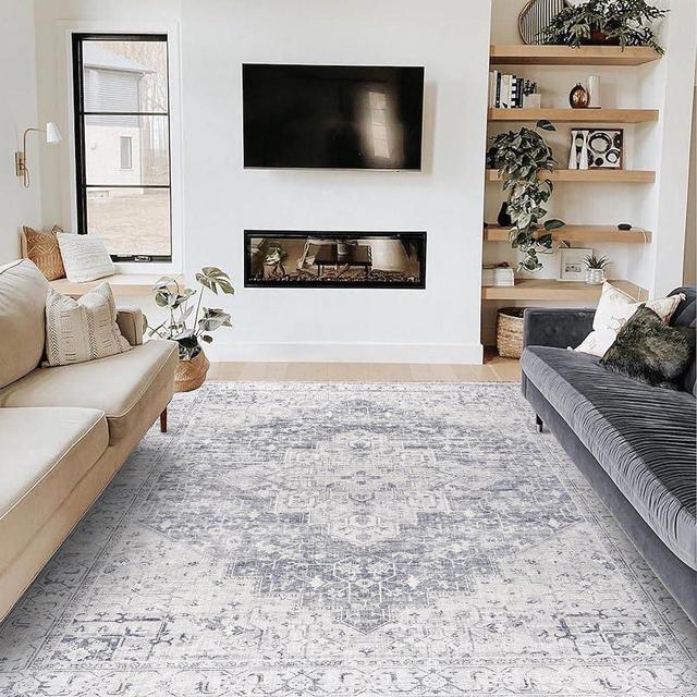 BILEEHOME Grey Rug 8 x10 Light Gray Area Rugs for Living Room Bedroom Washable Vintage Boho Printed on Cream White Easy Clean Low Pile Oriental Medallion Woven Polyester Rayon Cotton Synthetic Fiber