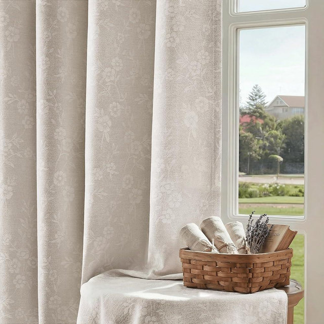 Beauoop Cream Floral Jacquard Blackout Curtains 96 Inches Long 2 Panels for Living Room Bedroom Chenille Flower Room Darkening Thermal Insulated Soundproof Grommet Window Drapes, 52x96 Set of 2