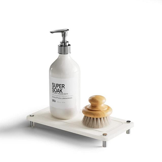 Sink Caddy, Dries Instantly Sink Holder for Preventing Moisture Buildup, Diatomaceous Pedestal Stand Riser with Stainless Steel Feet & Rubber Bottom, Soap Holder for Bottles Candles Decor-White