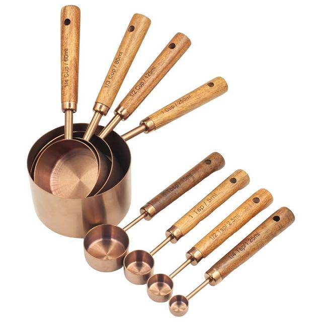 Muchtolove Measuring Cups and Spoons Set of 8, Stainless Steel Measuring Cup with Wooden Handle, Kitchen/Food/Liquid/Baking (Copper)
