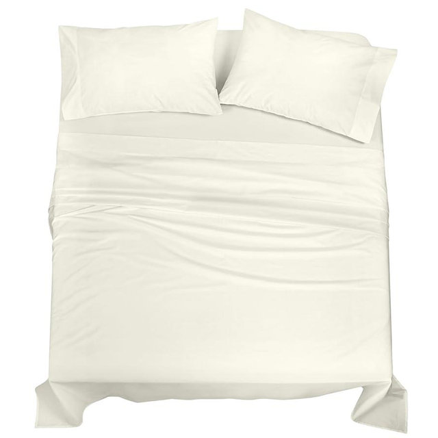 ROYALE LINENS 100% Organic Cotton Queen Sheet Set - Percale Weave - 4 Pieces Set - 1 Flat, 1 Deep Pocket Fitted Sheet and 2 Pillowcases - Ivory Bed Sheets - Sábanas Queen - Crisp Cool (Ivory)