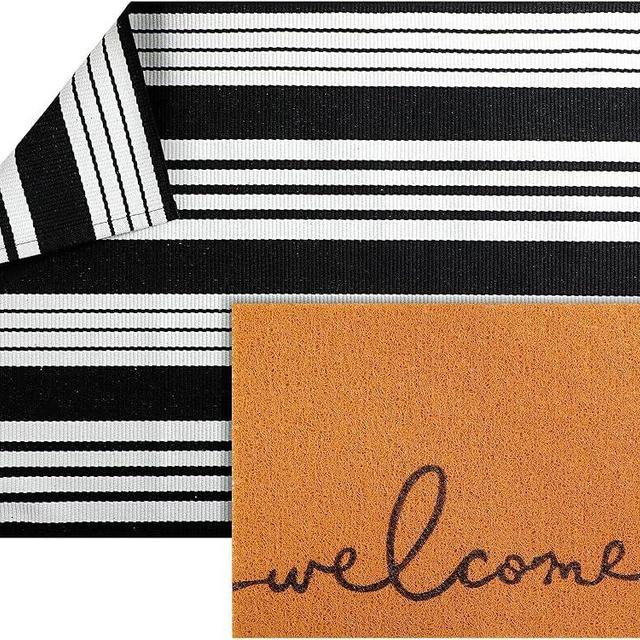 Tinideya 2 Pcs Front Door Mat Set Includes 24 x 35 Black and White Striped Mat 16 x 24 Coir Door Mat Washable Front Porch Mat for Entrance (Stylish)