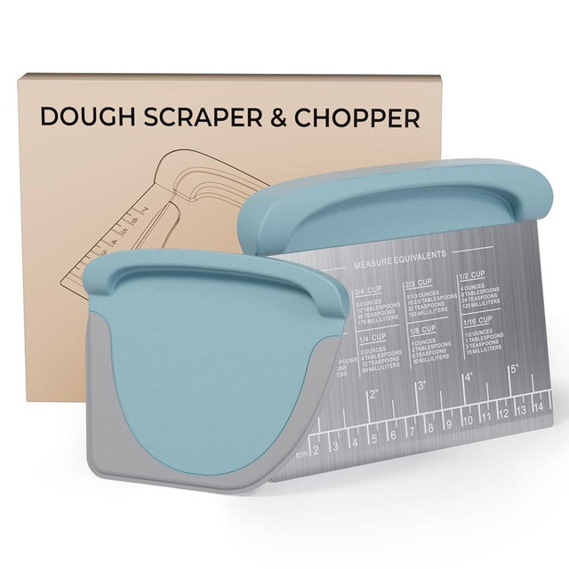 2 IN 1 Upgrade Bench Scraper, Dough Scraper for Pastry Bread Cake Pizza, Sharp Stainless Steel Dough Cutter with Conversion Chart & Measuring Scale, Bowl Scraper Food Scraper for Kitchen Baking, Blue