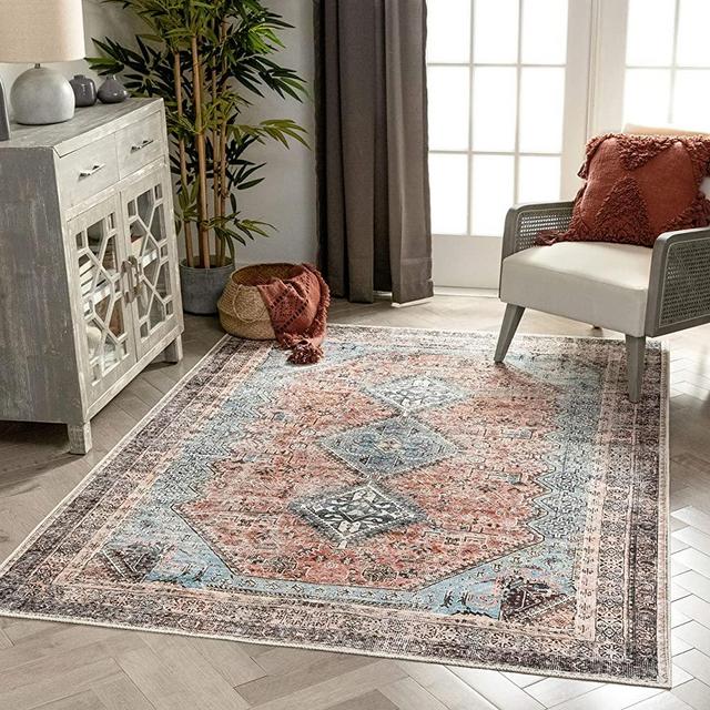 Well Woven Menda Light Blue Machine Washable Vintage Style Updated Classic Distsressed Persian Area Rug 5x7 (5'3" x 7'3")