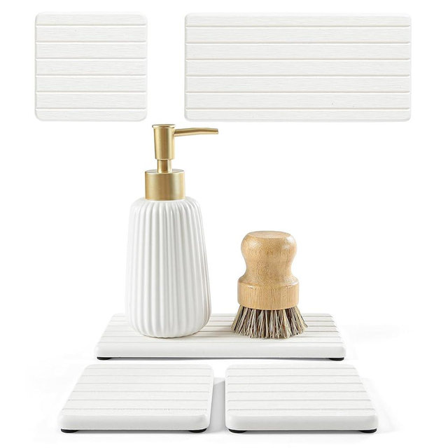 Diatomaceous Earth Sink Organizer Tray Set, 3-Pack Fast Drying Water Absorbing Stone Soap Holder Caddy for Kitchen & Bathroom Counter, Faucet Splash Guard, White (1pc of 8"x3.8" + 2pcs of 3.8"x3.8")