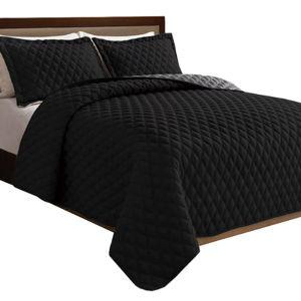 3-Piece Diamond Quilted Bedspread Set (Black - Gray) (Queen)